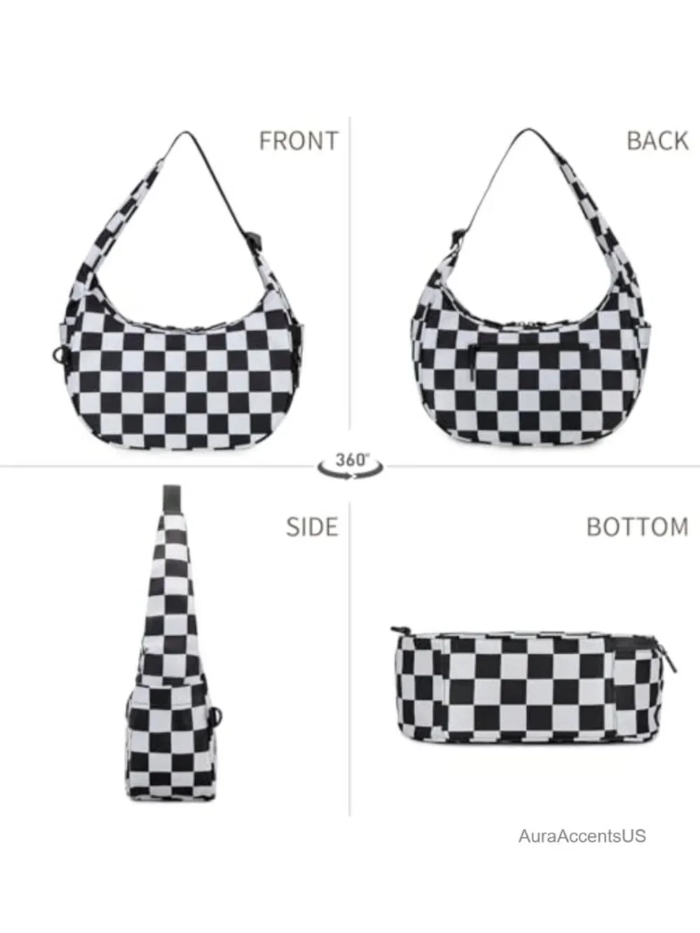 Checkered Crescent Shoulder Bag Nylon Quilted Hobo Purse with Anti-Theft Pocket